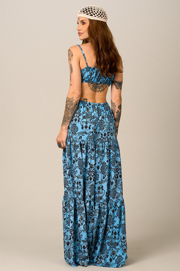 Vestido Longo Azul Estampa Paisley Yacamim D1