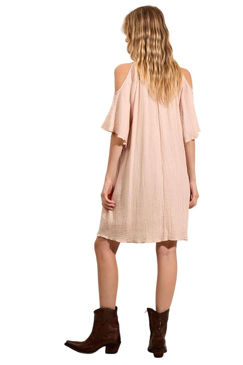 Vestido Curto Com Ombros Vazados Bege Yacamim C13