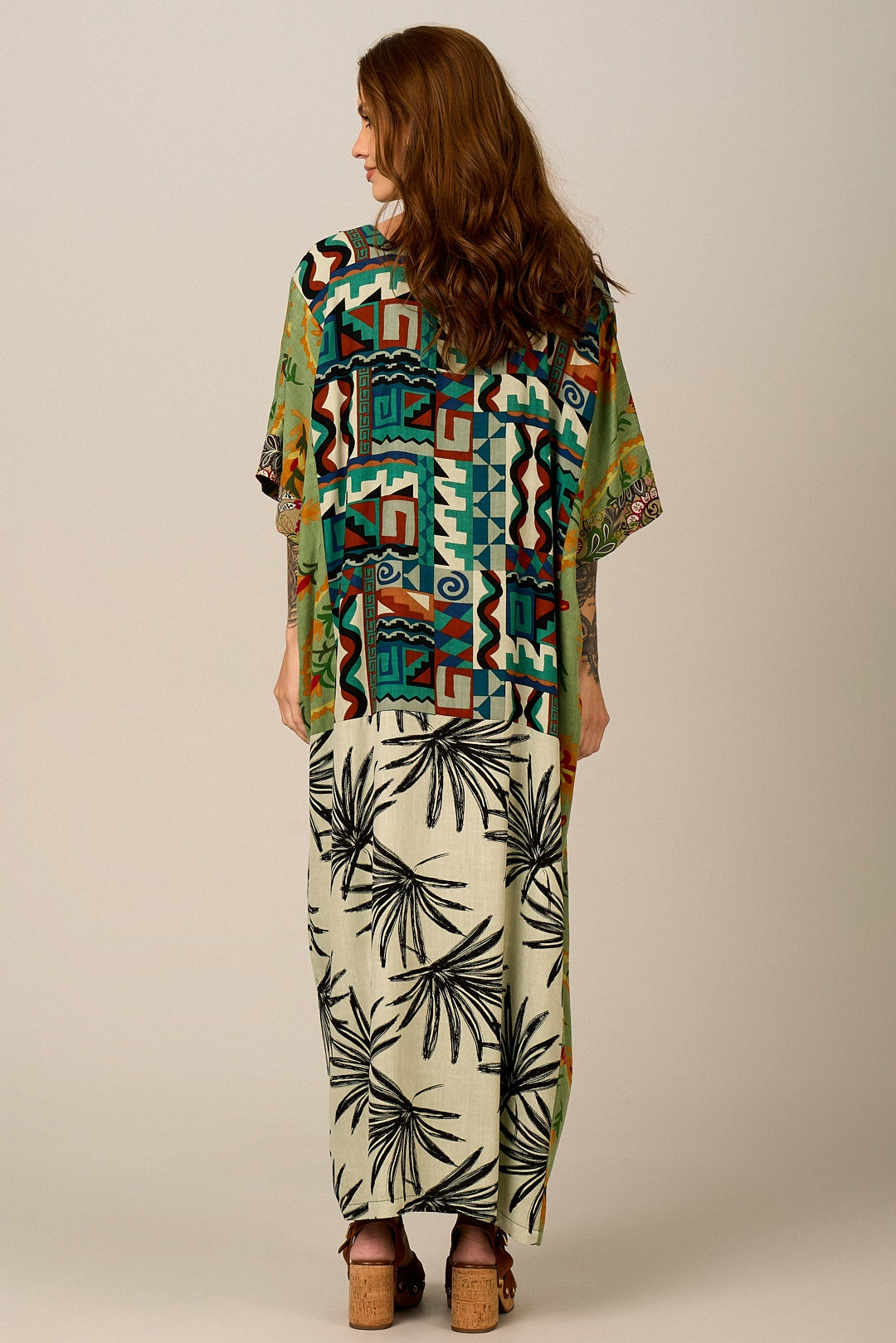 Kaftan Longo Verde Estampado Patchwork Yacamim J2