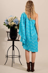 Vestido Curto Um Ombro Só Com Flores Bordadas Azul Yacamim D2