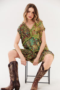 Vestido Curto Sem Mangas Verde Patchwork Yacamim D24