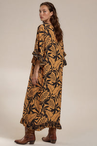 Kaftan Midi Com Pontas Laterais Marrom Claro Estampado Yacamim J10