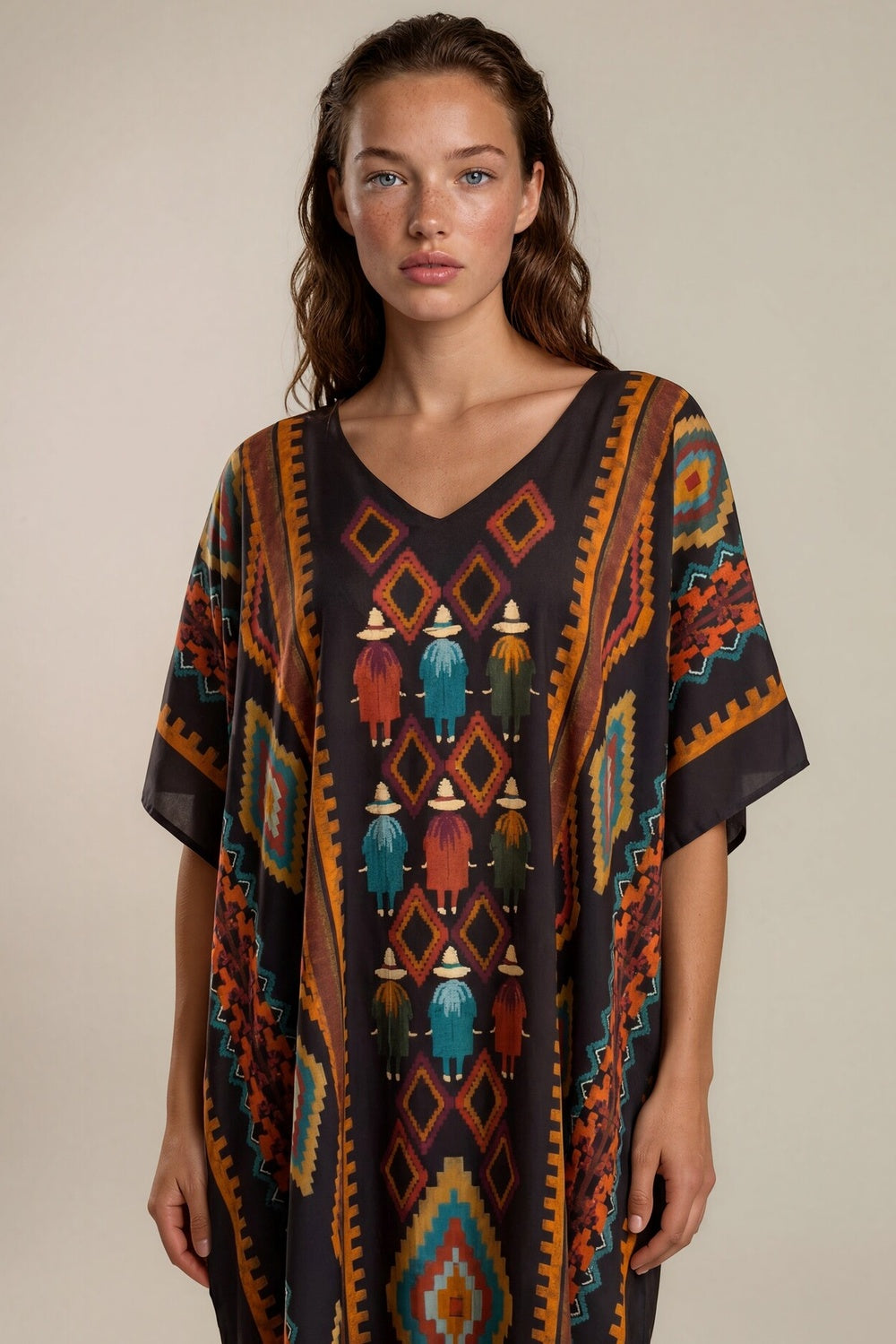 Kaftan Midi Marrom Escuro Estampado Coleção Peru Yacamim K9