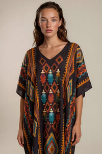 Kaftan Midi Marrom Escuro Estampado Coleção Peru Yacamim K9