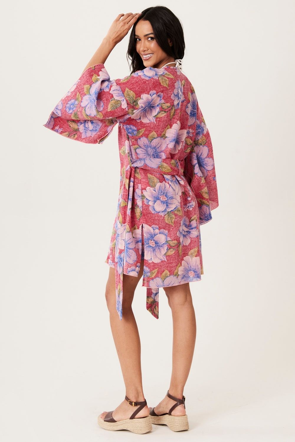Kimono Curto Inhotim 100% Algodão Vermelho Floral Yacamim R6