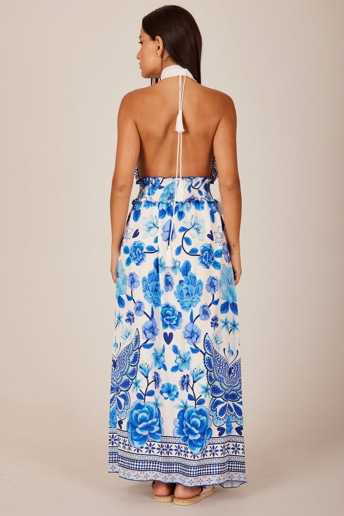 Vestido Midi Frente Única Azul Estampado Yacamim D18