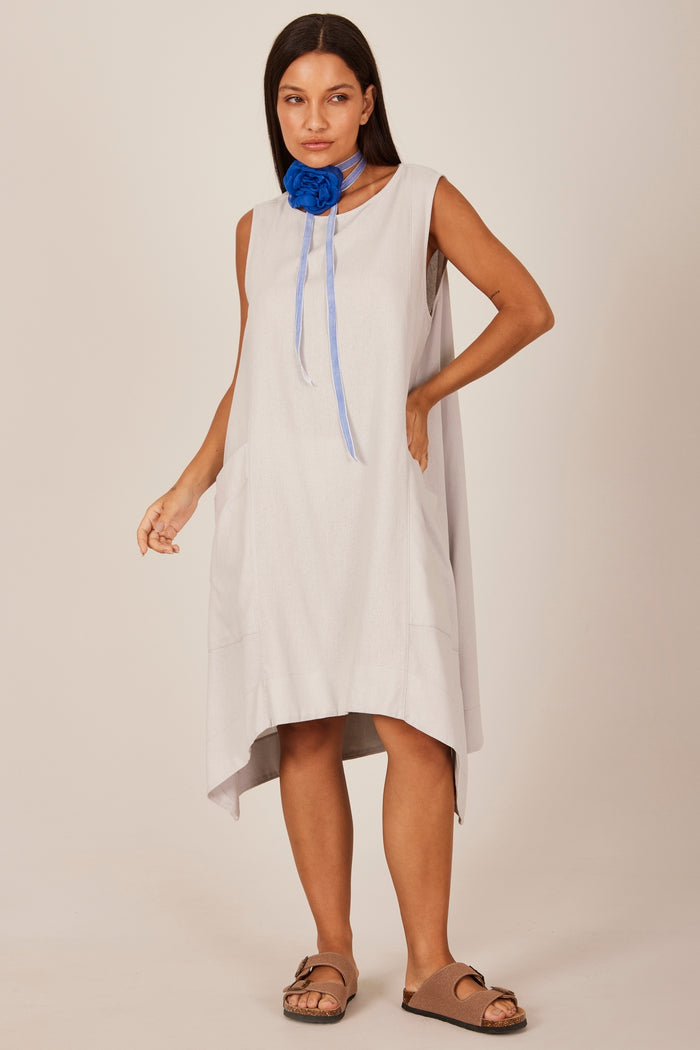 Vestido Curto De Linho Regata Cinza Claro Yacamim C28 Liso