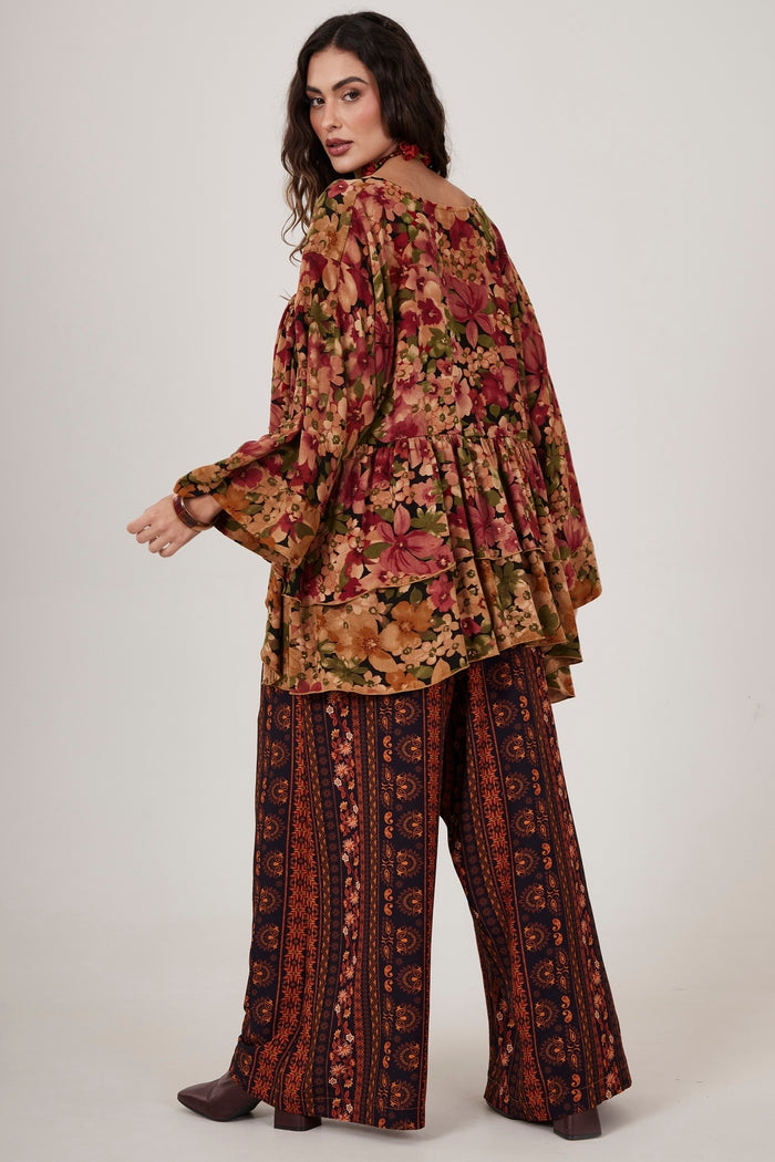 Calça Saruel Pantalona Marrom Estampado Yacamim I9
