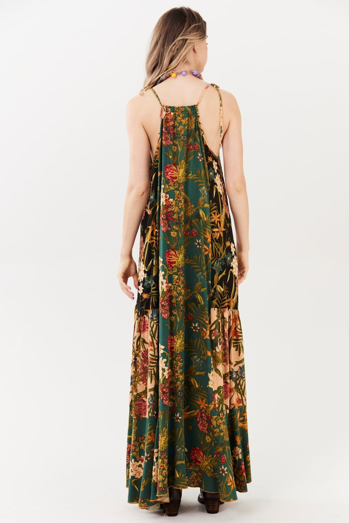 Vestido Longo Verde Escuro Estampado Patchwork Yacamim E11