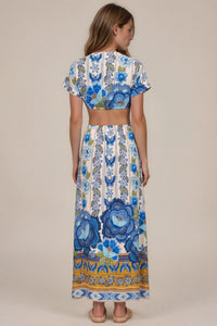 Vestido Longo Com Vazados Azul Estampado Coleção Manacá Yacamim D29
