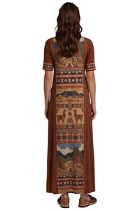 Vestido Longo Marrom Estampado Coleção Peru Yacamim K2
