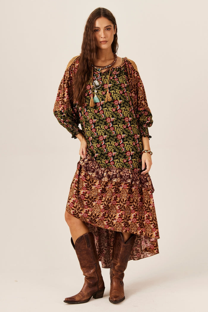 Vestido Midi Amplo Verde E Marrom Patchwork Yacamim C28