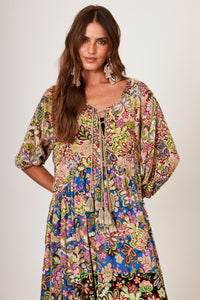 Vestido Longo Com Mangas 3/8 Verde Patchwork Yacamim E14