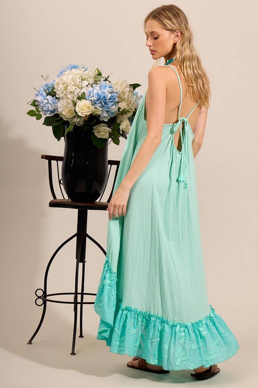 Vestido Mullet De Alças Com Babado Broderie Verde Menta Yacamim C29