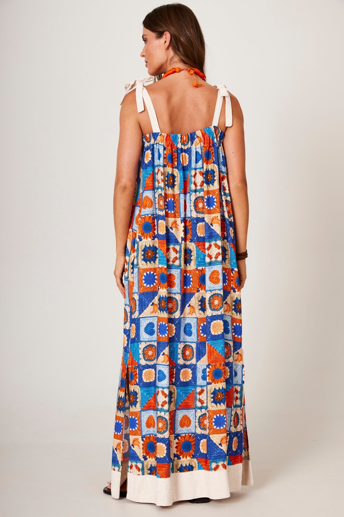 Vestido Longo Com Alças De Amarrar Estampa Geométrica Yacamim C17