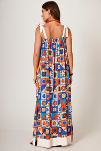 Vestido Longo Com Alças De Amarrar Estampa Geométrica Yacamim C17
