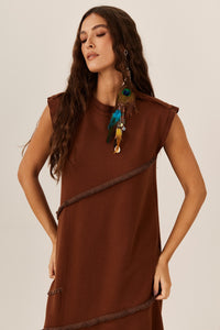 Vestido Midi De Moletom Com Rendas Marrom Yacamim E11