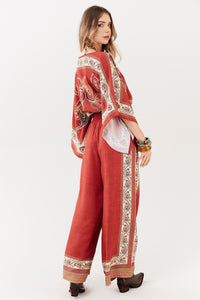 Calça Pantalona Terracota Estampa Paisley Yacamim A20