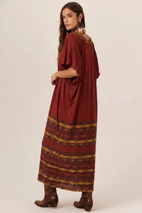 Vestido Midi De Viscolinho Terracota Estampado Yacamim E4