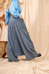 Calça Modelo Saruel De Cintura Alta Azul Mescla Yacamim H5