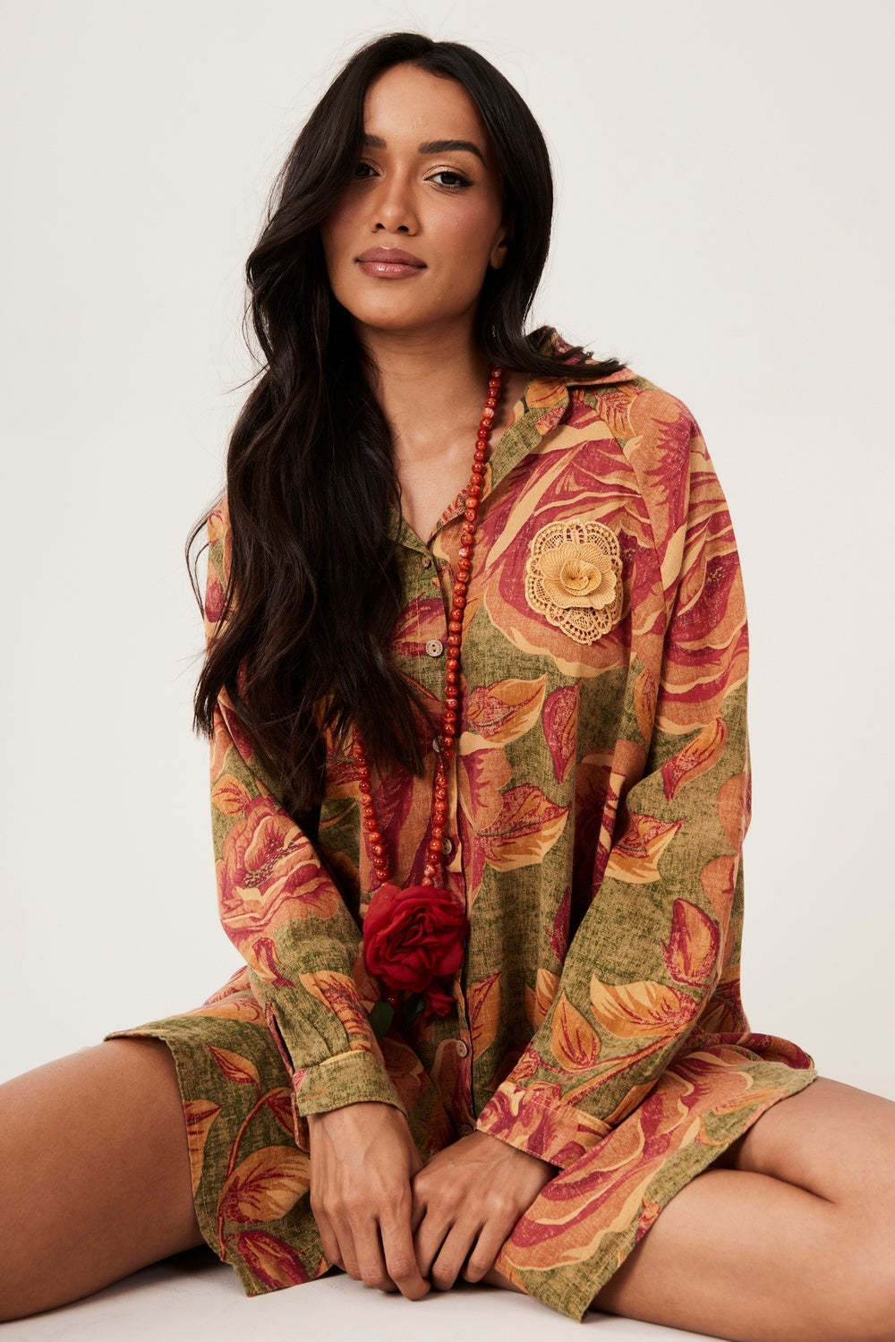 Chemise Ouro Preto 100% Algodão Verde Com Flores Laranjas Yacamim R6