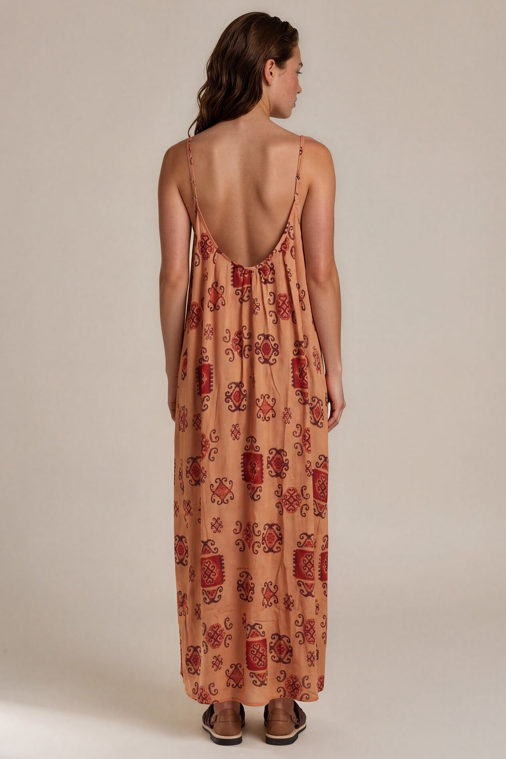 Vestido Longo Laranja Claro Estampado Coleção Peru Yacamim K6