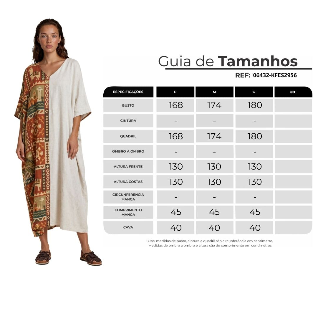 Kaftan Midi Bege Estampado Coleção Peru Yacamim K5