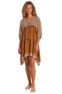 Vestido Curto Com Broderie Marrom Claro Patchwork Yacamim C17