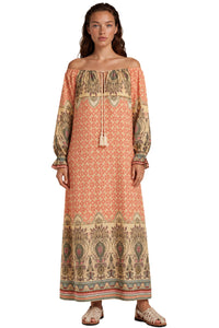 Vestido Longo Ciganinha Salmão Estampado Yacamim E15