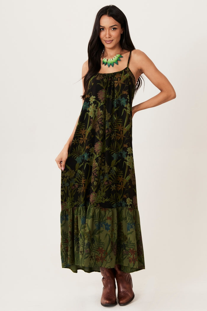 Vestido Longo De Alças Preto E Verde Patchwork Yacamim E14