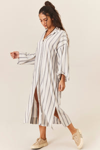 Chemise Amplo Midi Manga Longa Cinza Listrado Yacamim M8