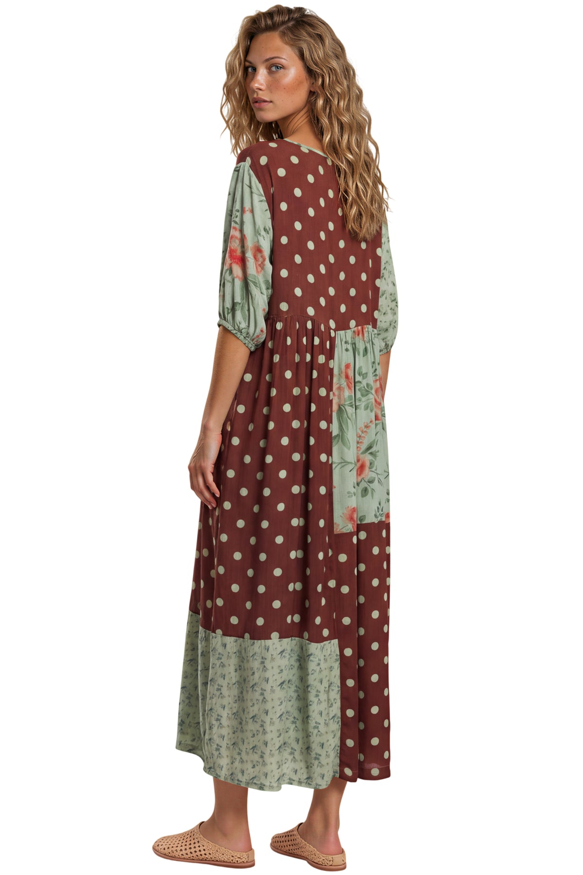 Vestido Midi Com Recortes Verde E Marrom Patchwork De Poá Yacamim E14