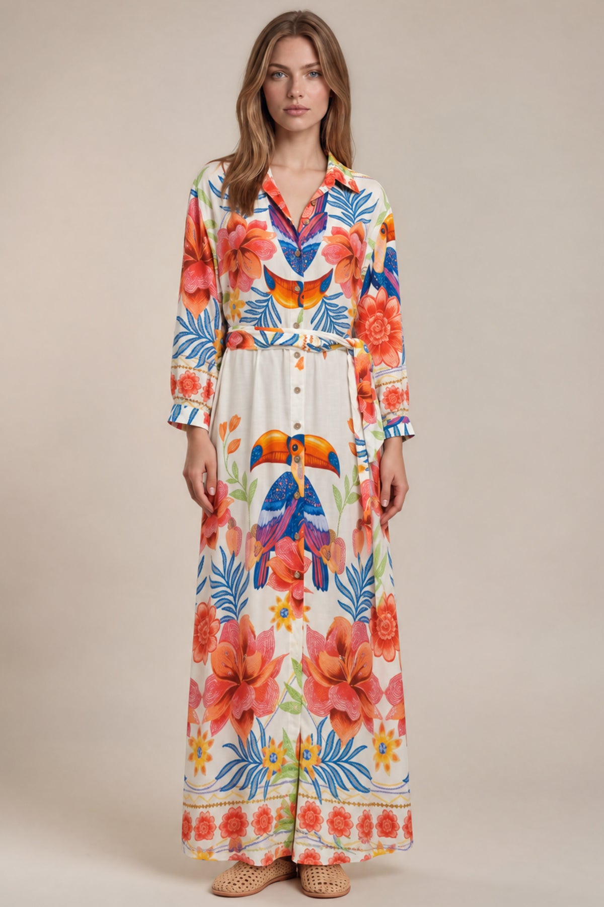 Chemise Longo Com Mangas Longas E Faixa Branco Estampado Coleção Manacá Yacamim N9