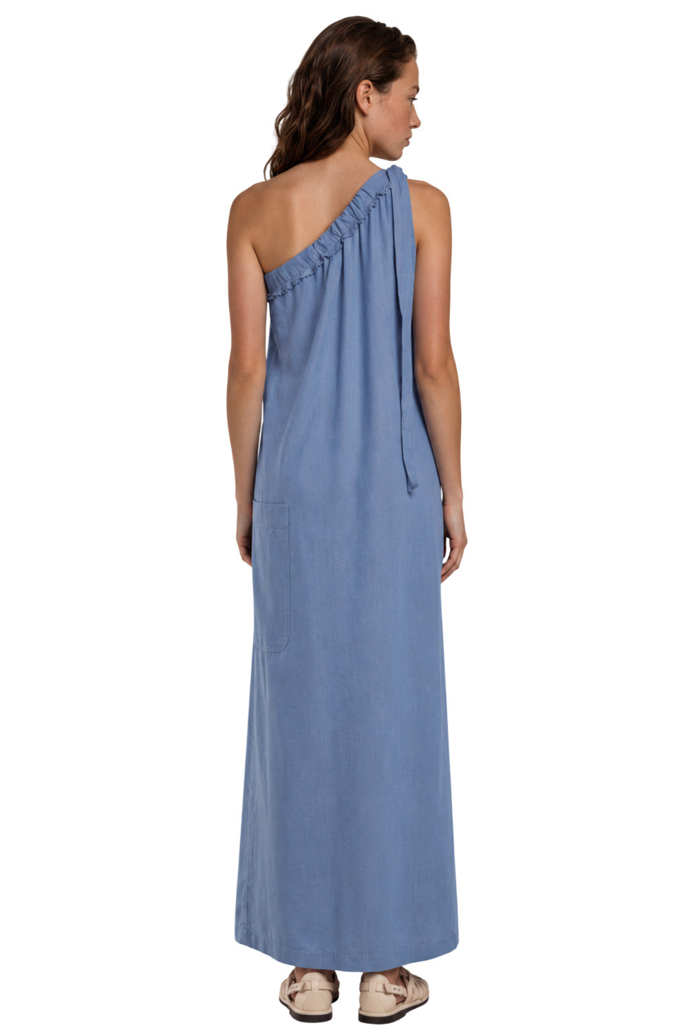 Vestido Longo Viscolinho Alça Transversal Azul Petróleo Yacamim C22