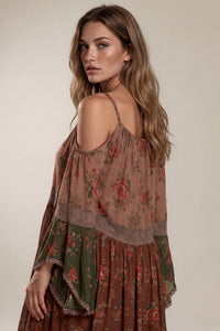 Vestido Curto Com Alças E Ombros Vazados Marrom Patchwork Yacamim E12