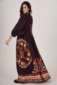 Vestido Longo Marrom Escuro Estampa Cashmere Yacamim E23
