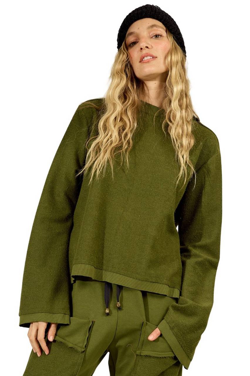 Blusa Básica De Moletom Com Mangas Longas Verde Yacamim A28