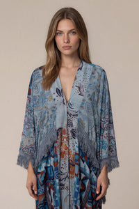 Kimono Longo Amplo Com Franjas Azul Patchwork Yacamim J9
