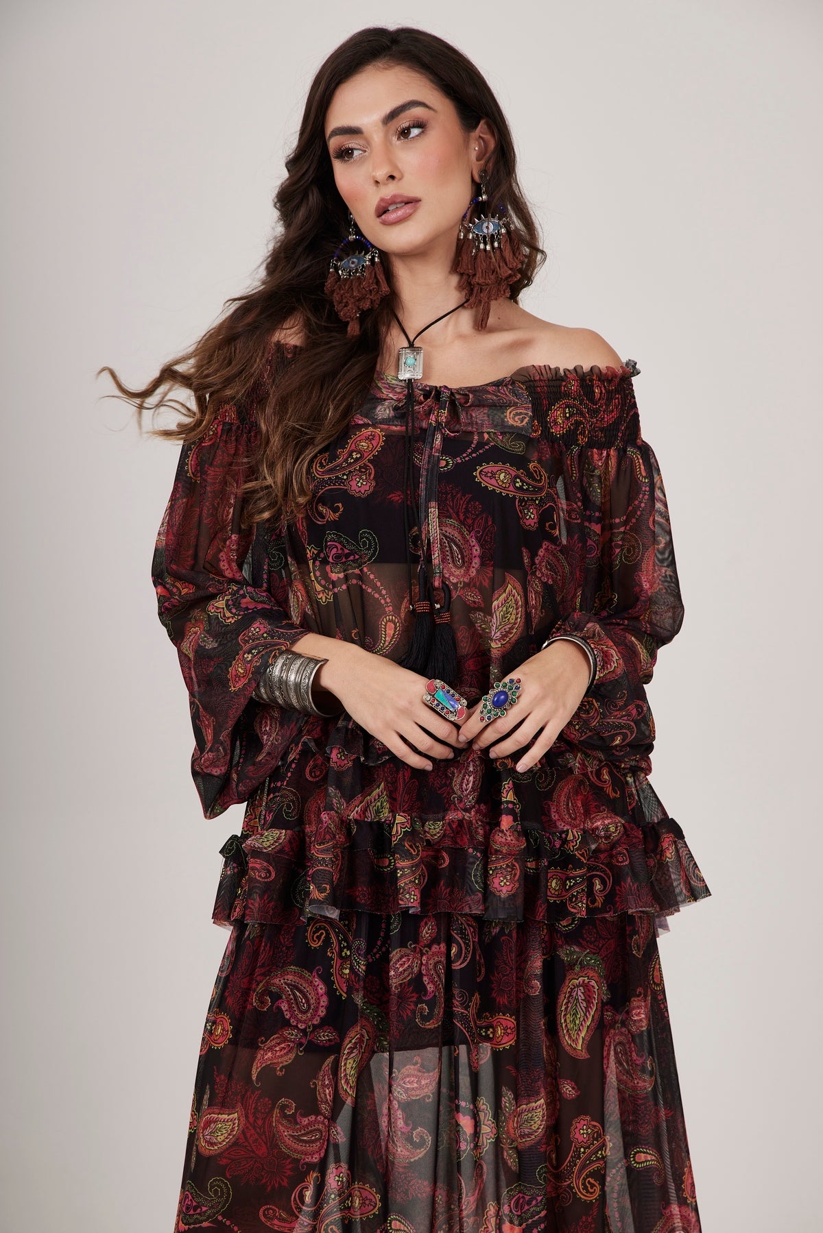 Bata De Tule Ciganinha Preta Estampa Cashmere Yacamim A12