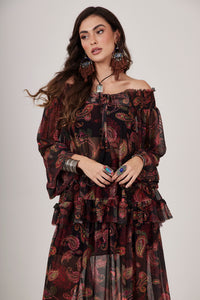 Bata De Tule Ciganinha Preta Estampa Cashmere Yacamim A12