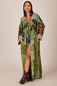 Kimono Longo Broderie Patchwork Verde Patchwork Yacamim J2