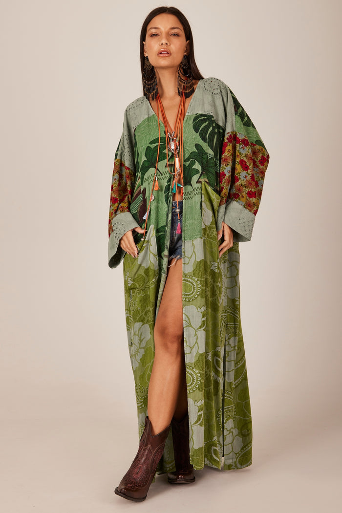 Kimono Longo Broderie Patchwork Verde Patchwork Yacamim J2