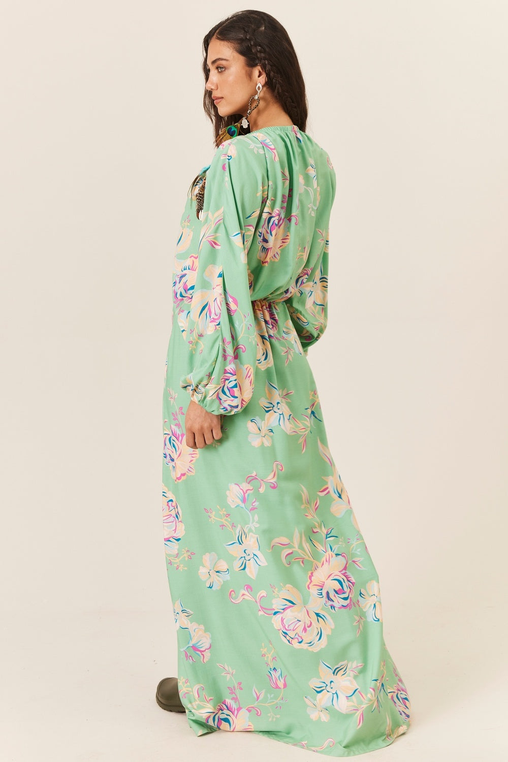 Vestido Longo Decote V Verde Claro Estampado Yacamim D5