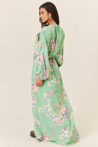 Vestido Longo Decote V Verde Claro Estampado Yacamim D5