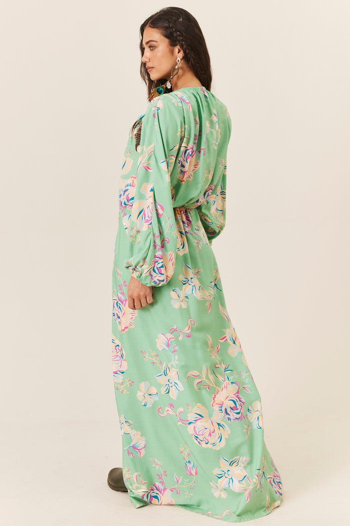 Vestido Longo Decote V Verde Claro Estampado Yacamim D5