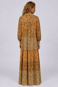 Vestido Longo Amplo Marrom Claro Estampado Patchwork Yacamim D4