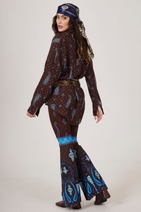 Calça Flare Marrom Escuro Estampa Paisley Azul Yacamim A30