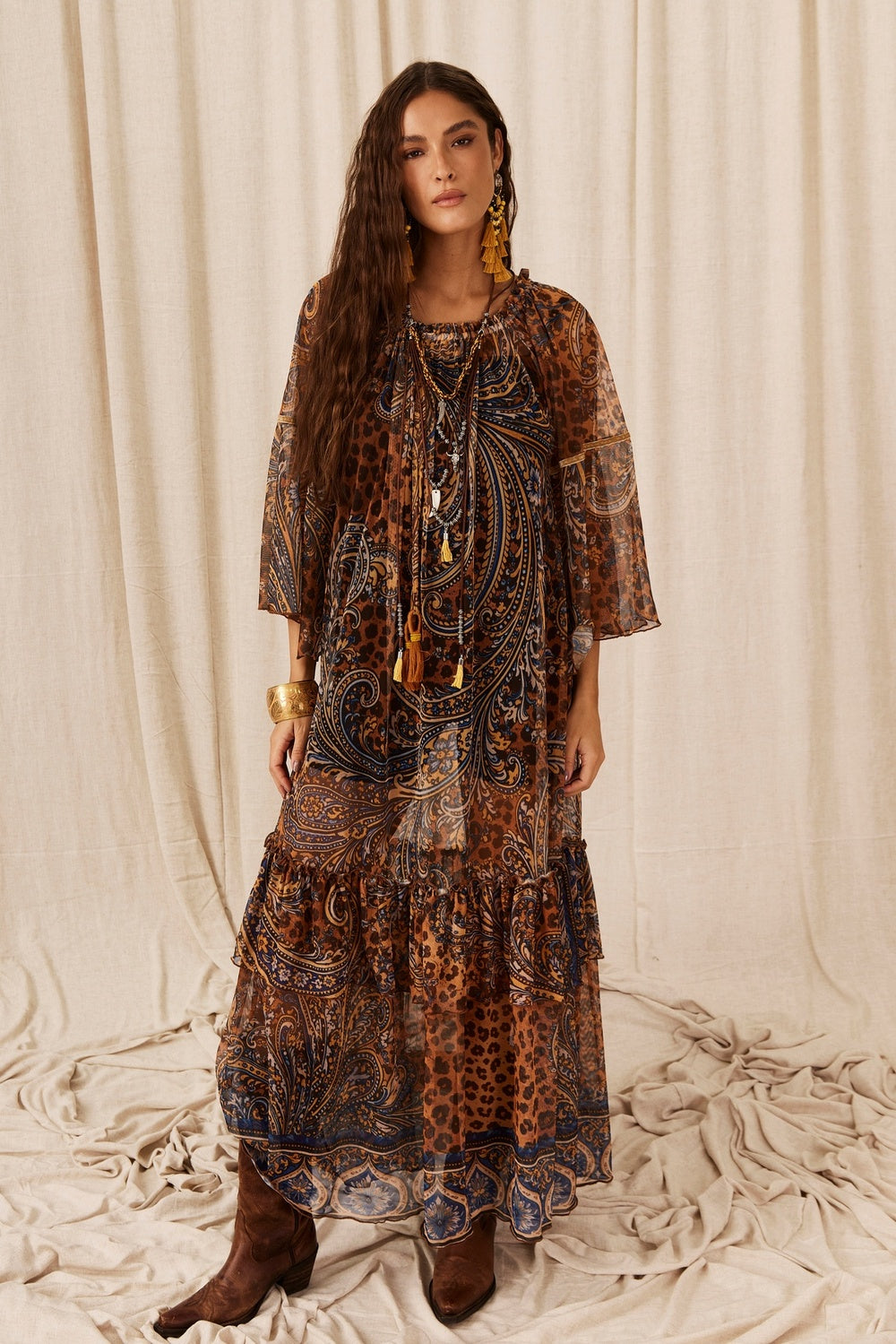 Vestido Longo De Tule Ciganinha Animal Print Paisley Yacamim E3