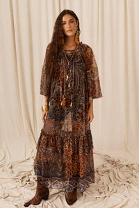 Vestido Longo De Tule Ciganinha Animal Print Paisley Yacamim E3