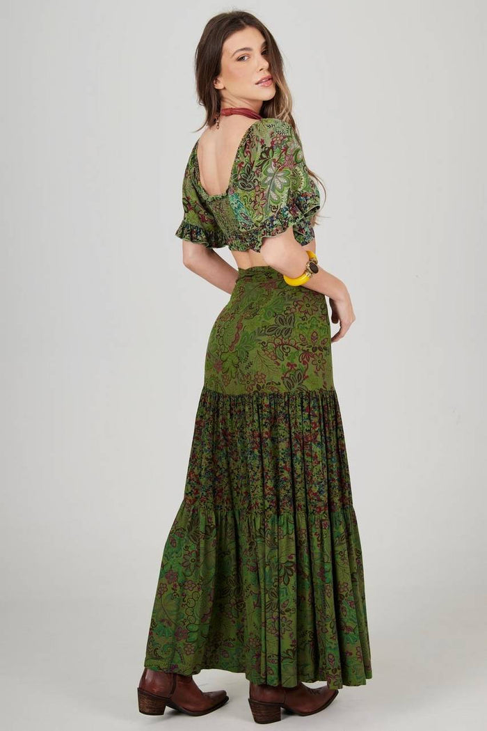 Saia Longa Transpassada Verde Patchwork Yacamim A38